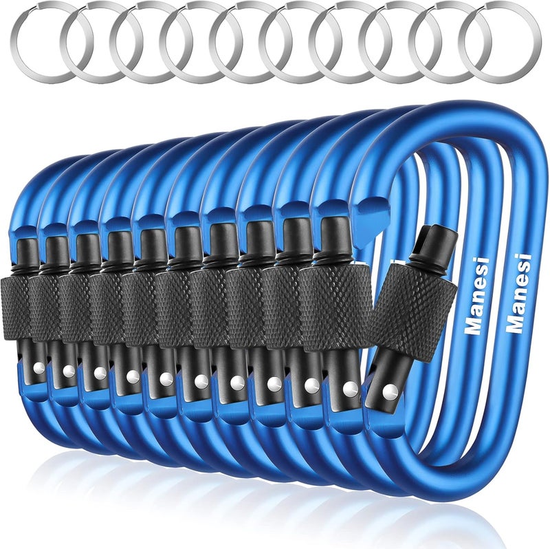 Manesi 10 Pack Aluminum D Ring Key Rings Clips Locking Carabiner for Camping Fishing and Outdoor Use，Clips with Screw Gate Multicolored - Image 1